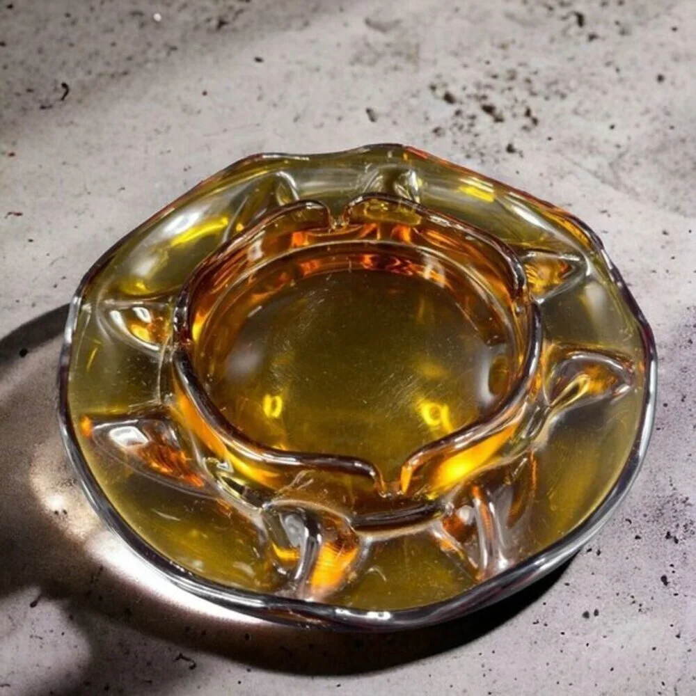 1960s Vintage Amber‎ Glass Ashtray Dish Wavy Edges Vintage Glass Decor 8 In Wide